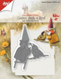 Billede: skære/prægeskabelon skovnissemor fodrer fuglen, JOY CUT/EMB “Gnome with a bird