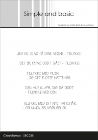 Billede: SIMPLE AND BASIC STEMPEL “DANSK TEKST” SBC038, Biggest: 6,5x1cm, JEG ER GLAD PÅ DINE VEGNE - TILLYKKE, DET ER FA'ME GODT GÅET - TILLYKKE, TILLYKKE MED HUEN...OG DET FLOTTE HATTEHÅR, DEN HUE KLÆ'R DIG SÅ GODT, TILLYKKE MED DEN, TILLYKKE MED DIT NYE HATTEHÅR - OG HUEN SELVFØLGELIG!, førpris kr. 48,- nupris  