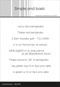 Billede: SIMPLE AND BASIC STEMPEL Dansk tekst, Lad os fejre kærligheden!, Tillykke med kærligheden, I klæ'r hinanden godt - TILLYKKE!, I to ser fantastiske ud sammen, KÆRLIGHED er en smuk palette af alle RENGBUENS farver, Tillykke med jeres 'JA' til kærligheden., Jeg glæder mig til at fejre jeres lykke, Vi glæder os til at fejre jeres lykke, SBC042, Biggest: 8,3x1,1cm, førpris kr. 56,- nupris  