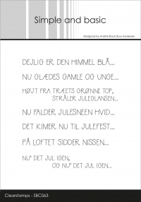 Billede: SIMPLE AND BASIC STEMPEL DEJLIG ER DEN HIMMEL BLÅ... NU GLÆDES GAMLE OG UNGE... HØJT FRA TRÆET GRØNNE TOP STRÅLER JULEGLANSEN... NU FALDER JULESNEEN HVID... DET KIMER NU TIL JULEFEST... PÅ LOFTET SIDDER NISSEN... NU' DET JUL IGEN, OG NU' DET JUL IGEN...,SBC063, Største: 8,1x1,1cm, førpris kr. 56,- nupris  