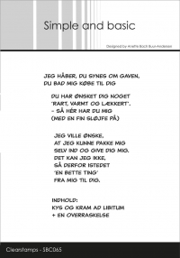Billede: SIMPLE AND BASIC STEMPEL JEG HÅBER, DU SYNES OM GAVEN, DU BAD MIG KØBE TIL DIG. DU HAR ØNSKET DIG NOGET 'RART, VARMT OG LÆKKERT'. - SÅ HÉR HAR DU MIG (MED EN FIN SLØJFE PÅ). JEG VIL ØNSKE, AT JEG KUNNE PAKKE MIG SELV IND OG GIVE DIG MIG. DET KAN JEG IKKE, SÅ DERFOR ISTEDET 'EN BETTE TING' FRA MIG TIL DIG. INDHOLD KYS OG KRAM AD LIBITUM + EN OVERRASKELSE, SBC065, Største: 5,3x3cm, førpris kr. 52,- nupris  