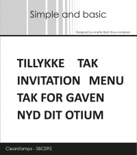 Billede: SIMPLE AND BASIC STEMPEL TILLYKKE, TAK, INVITATION MENU, TAK FOR GAVEN, NYD DIT OTIUM, SBC092, Biggest: 7x0,7cm, førpris kr. 36,- nupris  