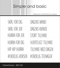Billede: Simple and basic Clearstamp SKÅL FOR DIG, DAGENS MAND, SKÅL FOR JER, DAGENS KVINDE, HURRA FOR JER, STORT TILLYKKE, HURRA FOR DIG, HJERTELIGT TILLYKKE, HIP HIP HURRA, TILLYKKE MED DAGEN, #ENDELIG VOKSEN, #eNDELIG TEENAGER, SBC105, Største: 4,1x0,7cm