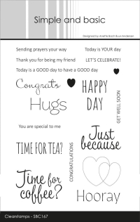 Billede: Simple and basic Clearstamp Sending prayers your way, Today is YOUR day, Thank you for being my friend, LET´S CELEBRATE!, Today is a GOOD day to have a GOOD day, Congrats, Hugs, HAPPY DAY, GET WELL SOON, Yuo are special to me, TIME FOR TEA?, Just because, CONGRATUATIONS, Time for coffee?, HOORAY og hjerter, SBC167, A6 - Add-on for SBD364
