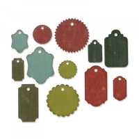 Billede: skæreskabelon 12 gavemærkater, SIZZIX/TIM HOLTZ THINLITS DIE “Gift Tags” 662423, førpris kr. 144,- nupris