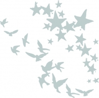 Billede: skæreskabelon 2 dies med stjerner og fugle, SIZZIX/Pete Hughes THINLITS DIE “Birds and Stars” 662673, Største: 11.75cm x 9.84cm, førpris kr. 118,- nupris