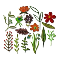 Billede: Skæreskabelon blomster og blade, Sizzix/Tim Holtz Thinlits Die “Funky Floral #2” 662701, førpris kr. 144,- nupris