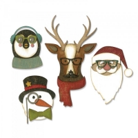 Billede: skæreskabelon hoved af julemand, snemand, rensdyr og pingvin, SIZZIX/TIM HOLTZ THINLITS DIE “Cool Yule” 663099, førpris kr. 144,- nupris