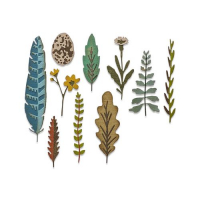 Billede: skæreskabelon forskellige blade, blomster og et æg, SIZZIX/TIM HOLTZ THINLITS DIE, Funky Nature, 665215