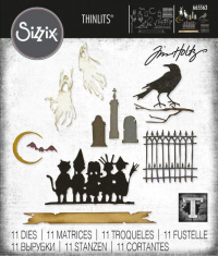 Billede: skæreskabelon spøgelser, ravn, kirkegårdssten, hegn, flagermus, måne og en række udklædte halloweenbørn på række, SIZZIX/TIM HOLTZ THINLITS DIE