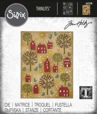 Billede: skæreskabelon hel skæreplade med huse og træer, SIZZIX/TIM HOLTZ THINLITS DIE