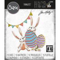 Billede: skæreskabelon 2 påskeæg og 2 harer, flagranke og lidt blomster, SIZZIX/TIM HOLTZ THINLITS DIE 