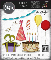 Billede: skæreskabelon alt til en fest gave, kage, hat, guirlande og balloner, Sizzix/Tim Holtz Thinlits Die 