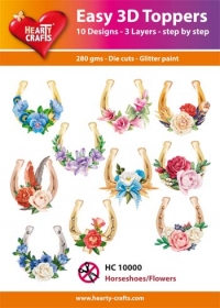 Billede: UDSTANSEDE MOTIVER MED GLITTER/GULD HESTESKO MED BLOMSTER, 10 ASS. HC10000