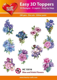 Billede: UDSTANSEDE MOTIVER MED GLITTER/GULD 10 ASS. BLÅ OG VIOLETTE BLOMSTER, EASY 3D TOPPERS