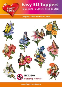 Billede: UDSTANSEDE MOTIVER MED GLITTER/GULD 10 ASS. SOMMERFUGLE PÅ BLOMSTER, EASY 3D TOPPERS, HC13540
