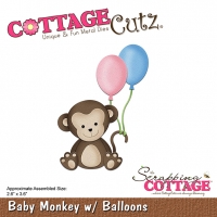 Billede: skæreskabelon abe med balloner, COTTAGECUTZ DIES “Baby Monkey w/Balloons” CC-292, 6,6x9,1cm, førpris kr. 130,- nupris