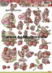 Billede: lille pige med cupcakehat, fugl på jordbær og lille pige med cupcake og jordbærhat, yvonne design