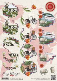 Billede: små billeder med ko ved mølle, cykel ved husmur, får ved flod med båd, amy design