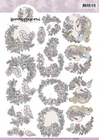Billede: blomster, fugl og pigehoved, yvonne design