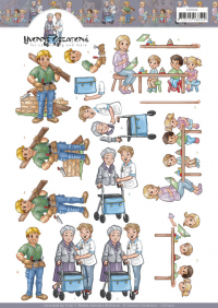 Billede: håndværker i arbejde, pensionist med plejer, små børn i børnehave med en voksen, yvonne design