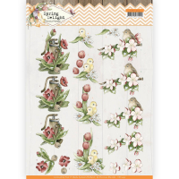 Billede: blomster om en vandpost, fugleunger i blomster og lille fugl på en blomstergren, mariekes design
