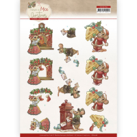 Billede: musemor hænger julesokker ved kaminen, musefar poster juleposten, musen får et kæmpe stykke ost, Yvonne design