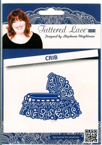 Billede: skæreskabelon CRIB, vugge, ca. 84mmx65mm, tattered lace, tilbud, førpris kr. 126,-, nupris