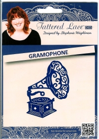 Billede: skæreskabelon GRAMMOPHONE, ca. 68mmx95mm, tattered lace, tilbud, førpris kr. 126,-, nupris