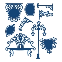 Billede: skæreskabelon skilte, ophæng, lygte og havebænk, tattered lace, tilbud, førpris kr. 150,-, nupris