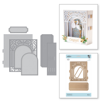 Billede: skæreskabelon til opbygning af 3dimentionel kort, Shapeabilities Grand Arch 3D Card Etched Dies Elegant 3D Vignettes, Grand Arch Outline: 4.80 x 5.10 in. 12.20 x 13.00 cm, Grand Arch Inlay: 4.35 x 5.00 in. 11.00 x 12.70 cm, Sentiment Label: 3.00 x 1.00 in. 7.60 x 2.50 cm, Inner Arch: 2.65 x 3.50 in. 6.70 x 8.90 cm,  Side Panel: 2.00 x 5.10 in. 5.10 x 13.00 cm, Side Panel Insert: 1.40 x 5.00 in. 3.60 x 12.70 cm